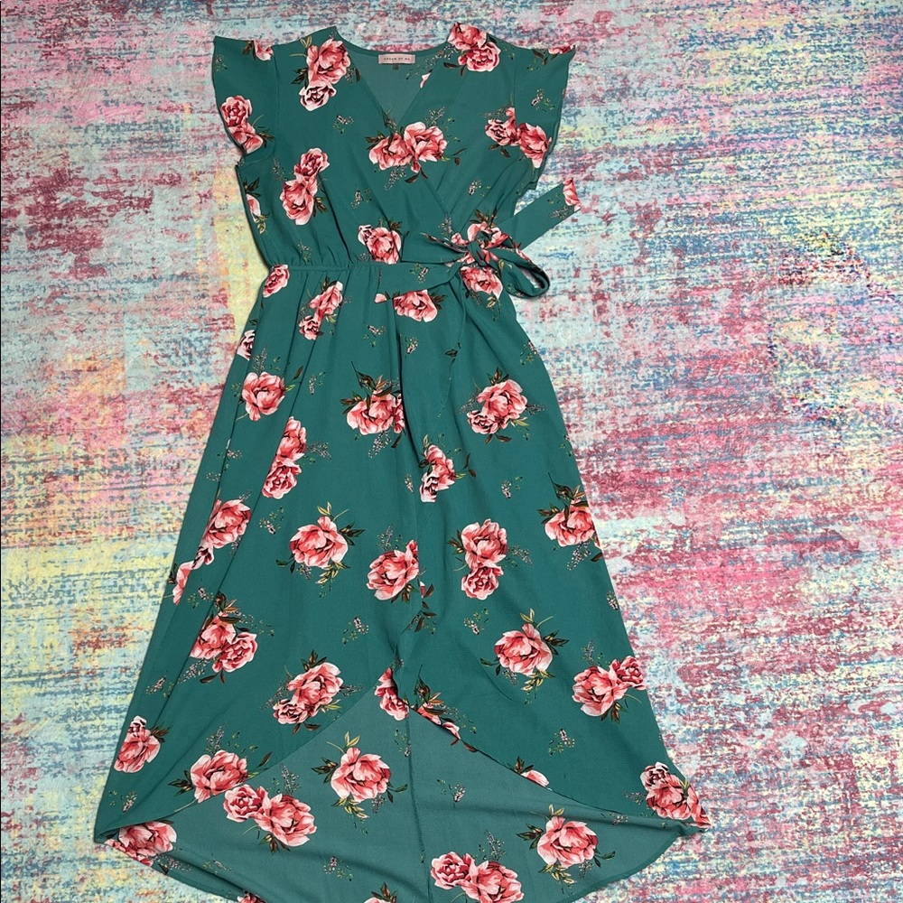 Floral Teal Midi Wrap Dress with Pink Rose Print
